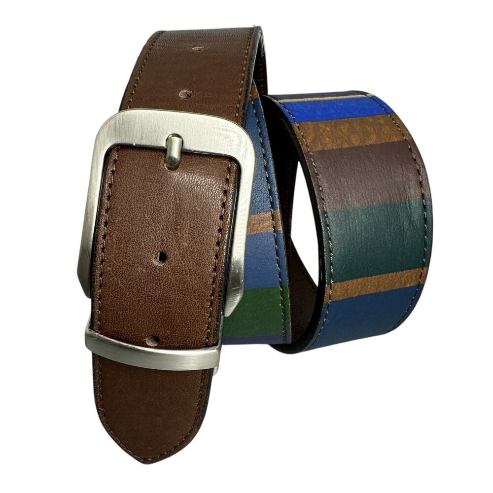 Reversible Leather Belt Striped Brown Made Italy Silver Tone Buckle Mens Medium